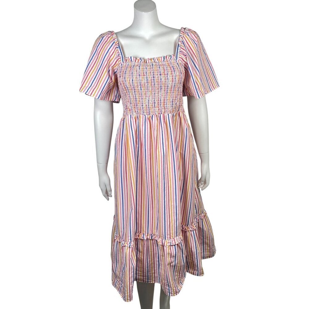 Draper James RSVP Deana Smocked Midi Dress Size M Rainbow Striped 100% Cotton